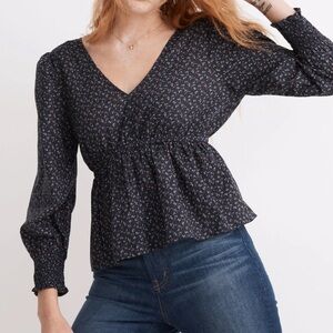 Madewell Blue Tie-Back Peplum Top in Campden Daisies size medium 100% cotton